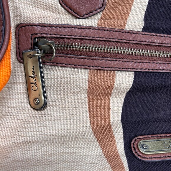 Cole Haan Handbag Brown Leather Canvas Retro Striped Colorblock Boho - Picture 9 of 10